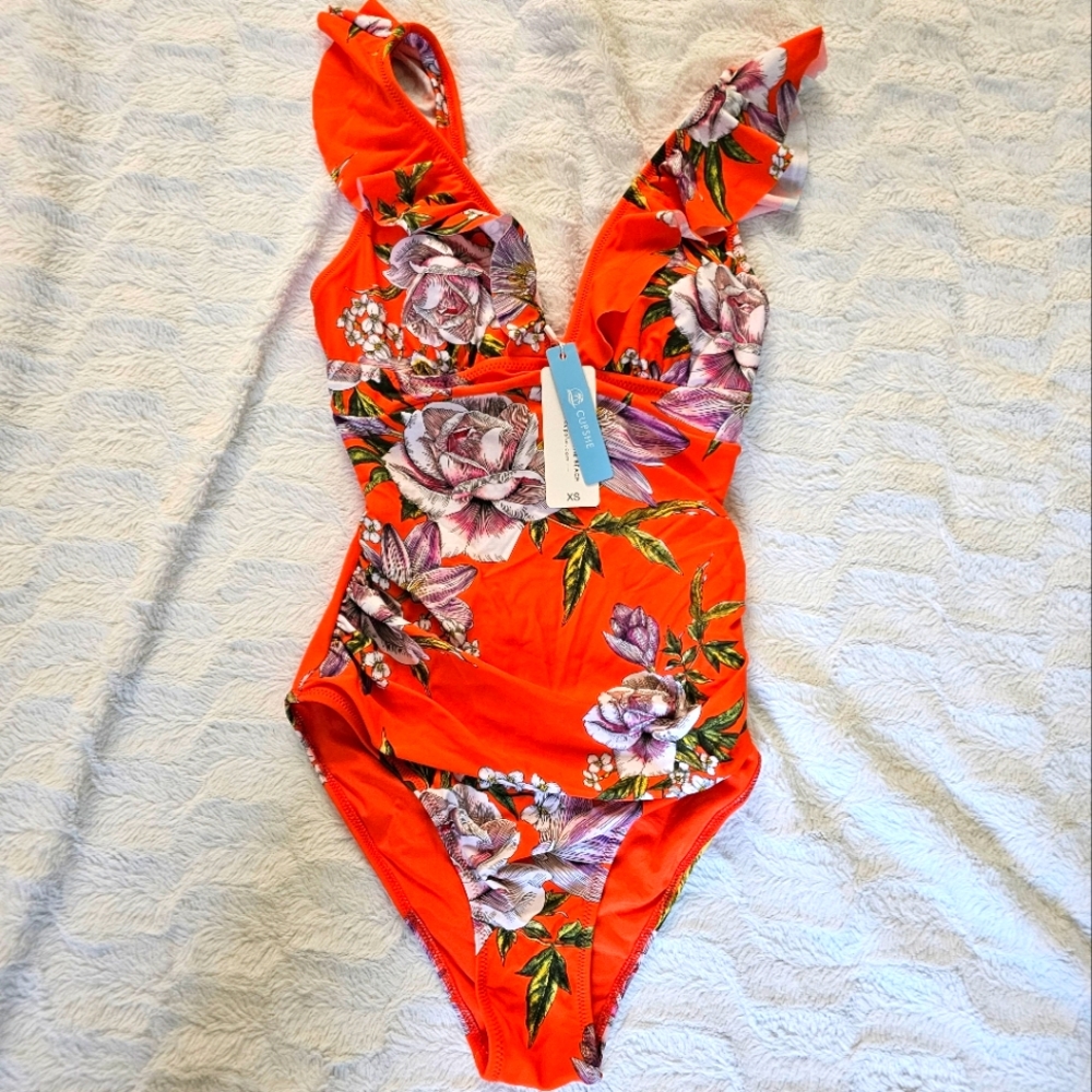 Cupshe Bright Orange Floral Swimsuit Xs Nwt